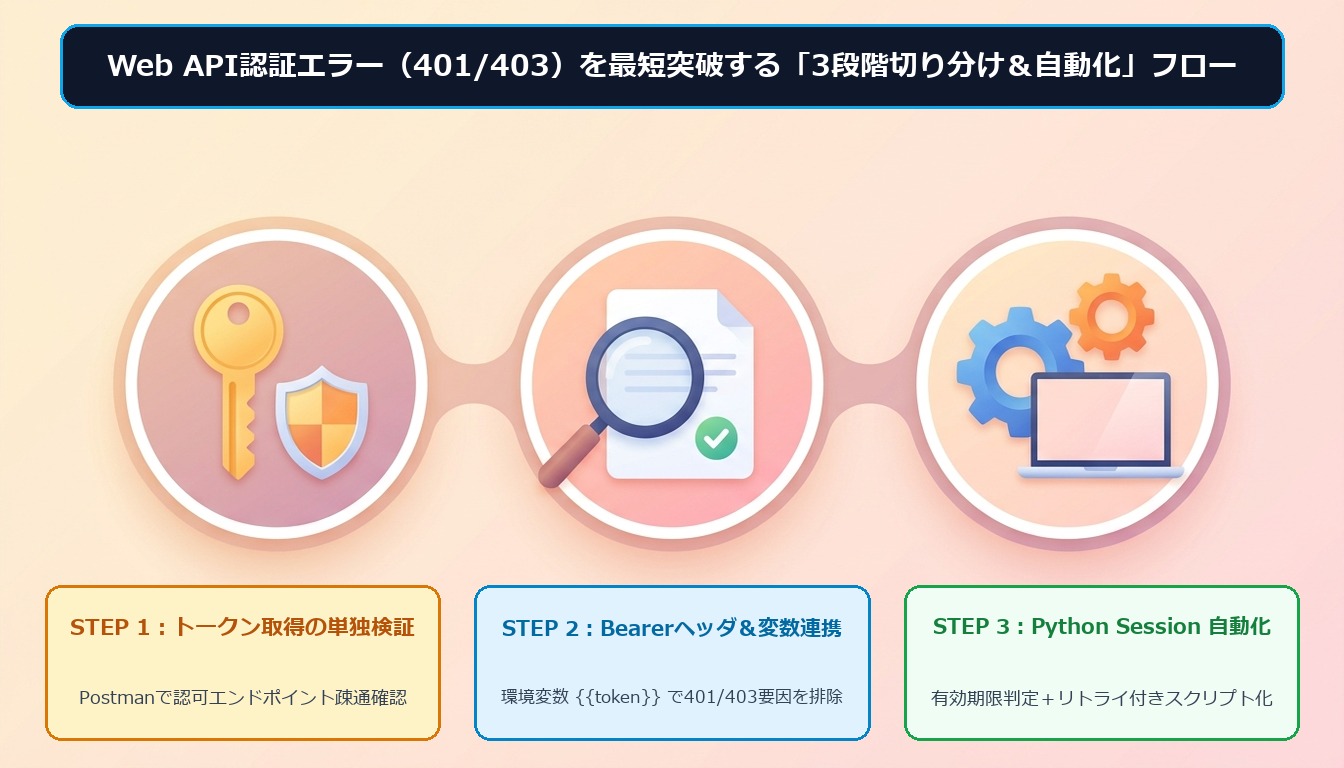 Web API認証エラーを最短突破する3段階切り分けフロー図解