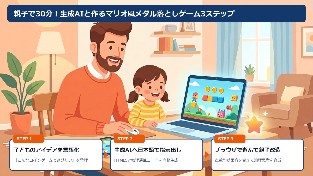 親子で30分!生成AIと作るマリオ風メダル落としゲーム3ステップ図解