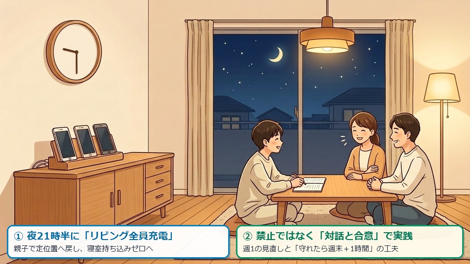 中学生のスマホルール作りと夜21時半からのリビング定位置充電イラスト図解