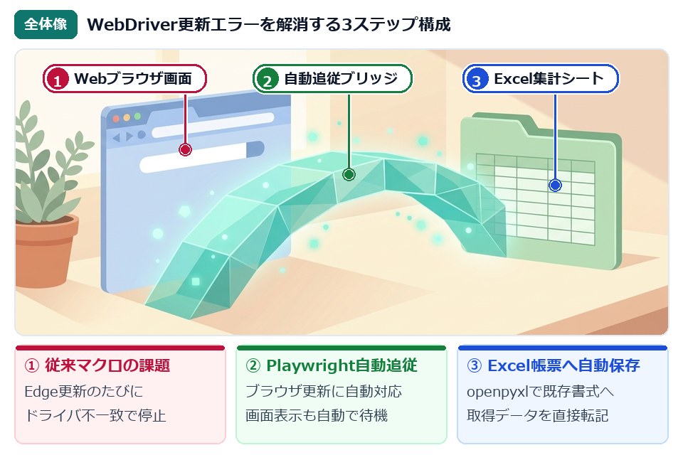 WebDriver更新エラーを解消するPlaywright＋openpyxlの3ステップ全体像イラスト