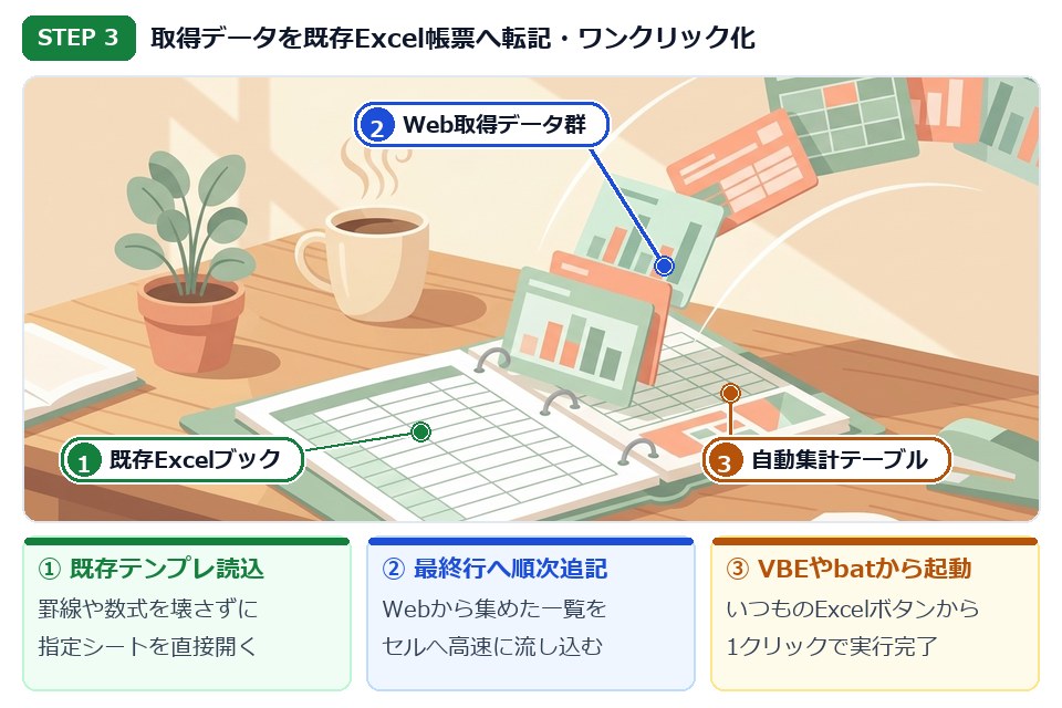 STEP3 Playwrightとopenpyxlでブラウザ取得からExcel保存まで自動完走するイラスト
