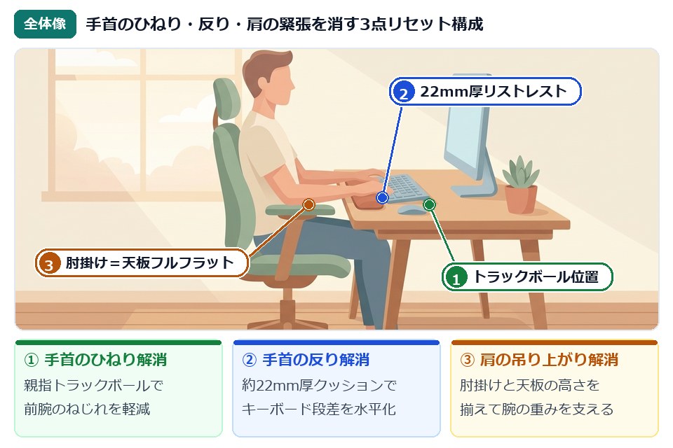 手首のひねり・反り・肩の緊張を消すデスク人間工学3点リセット全体像イラスト