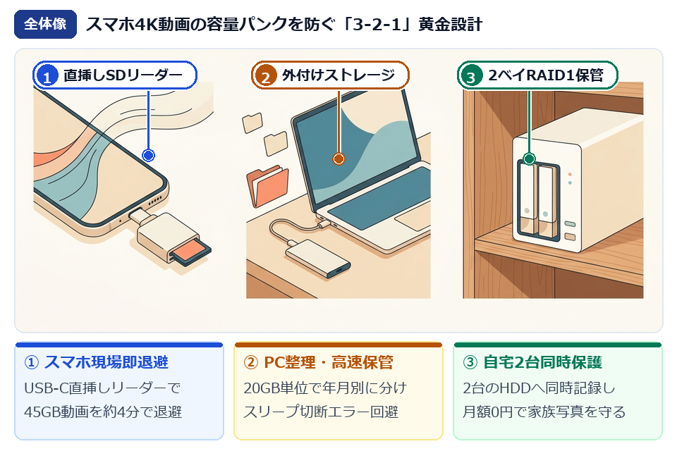 子どもの4K動画と家族写真を守る3-2-1バックアップ設計の全体像イラスト