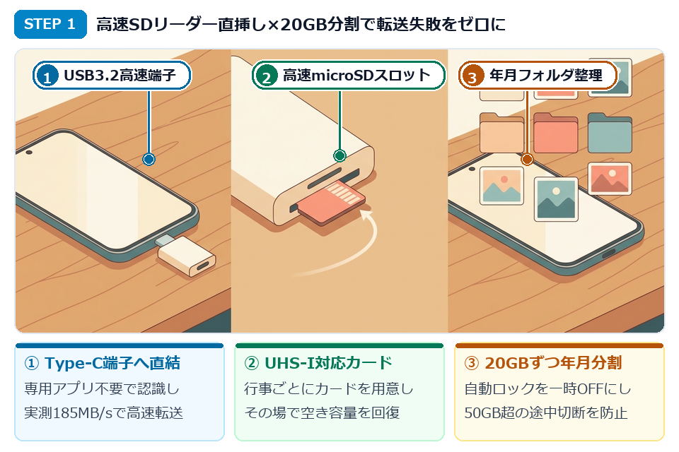 STEP1 スマホ直挿しSDカードリーダーで4K動画を20GBずつ高速退避するイラスト
