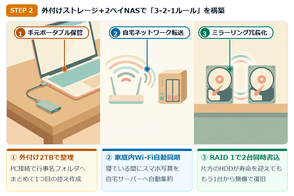STEP2 ポータブル外付けストレージと2ベイNASのRAID1で3-2-1ルールを構築するイラスト