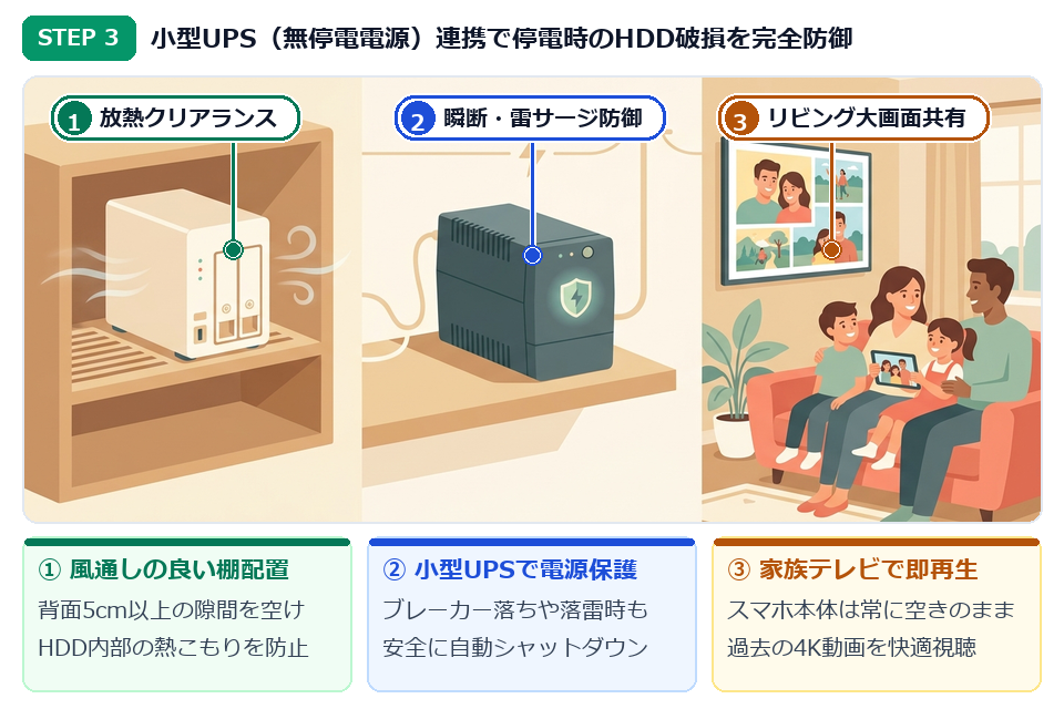 STEP3 2ベイNASに小型UPS無停電電源装置を接続して停電破損を防ぐイラスト