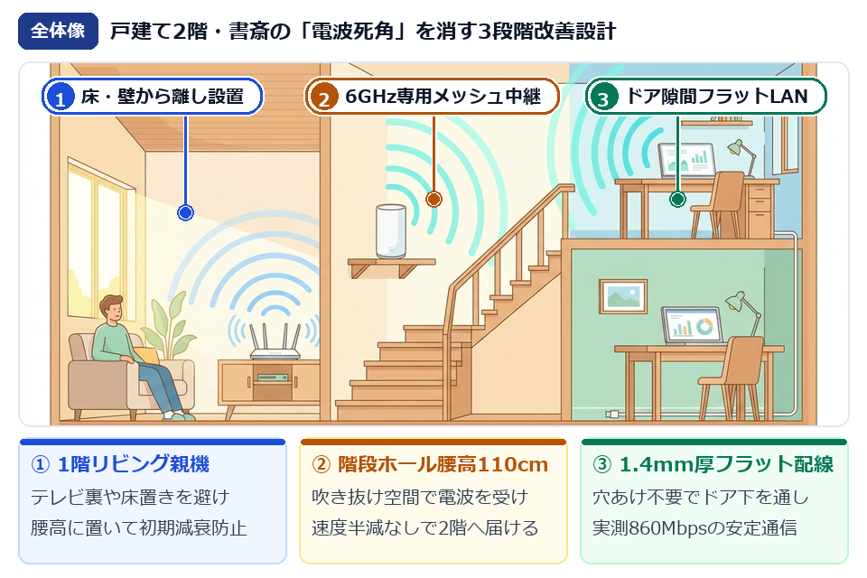戸建て1階リビングから階段ホール経由で2階書斎へ電波を届ける全体像イラスト