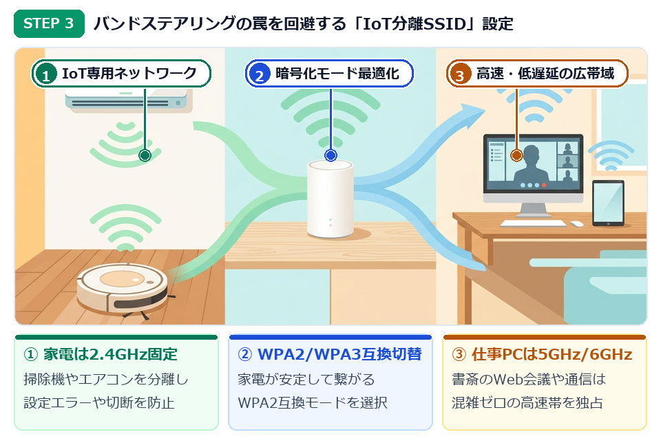 STEP3 スマート家電を2.4GHz専用レーンへ分離し書斎PCを5GHz・6GHzへ固定するイラスト