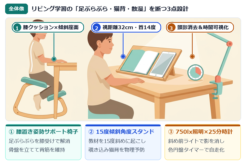 小学生のリビング学習で足ぶらぶら・猫背・暗がりを解消する3点設計の全体像イラスト