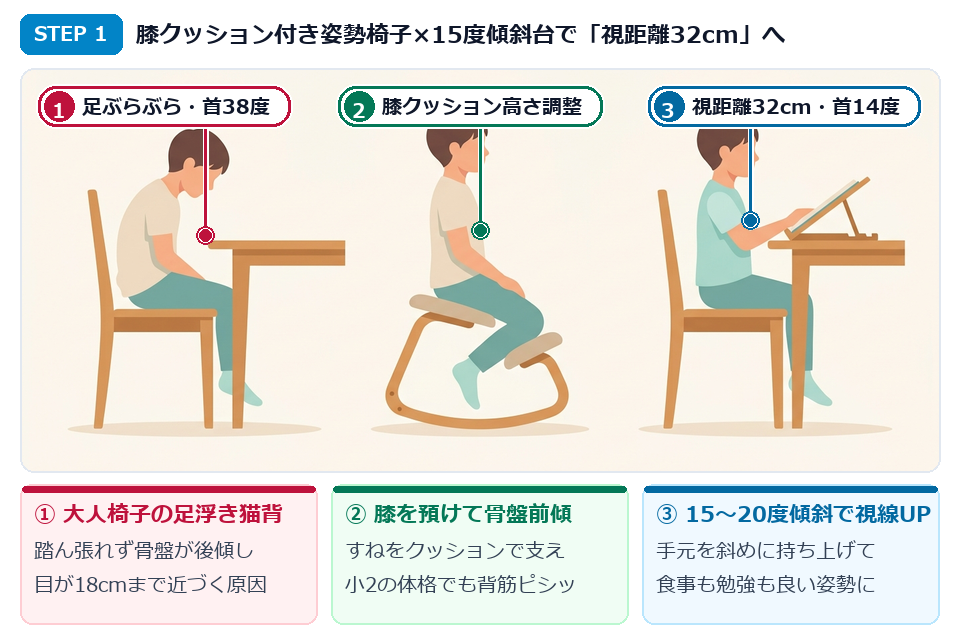 STEP1 プロポーションチェアの膝クッションと15度傾斜スタンドで小2の子どもの姿勢を整えるイラスト