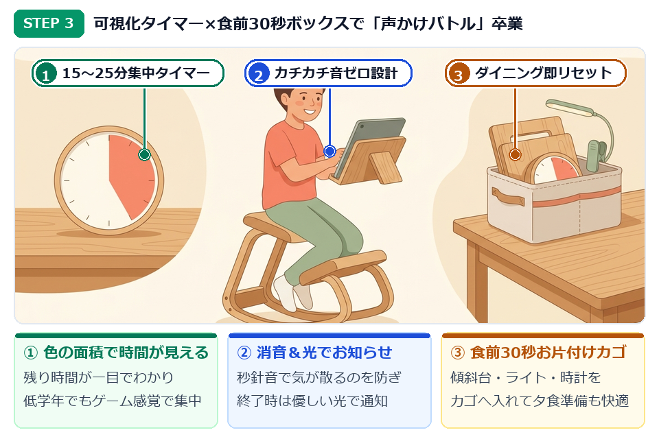 STEP3 色で残り時間が分かる25分学習タイマーと夕食前30秒収納バスケットのイラスト