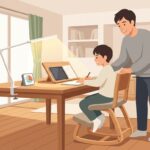 小学生のリビング学習で「足ぶらぶら・猫背・ダラダラ散漫」をゼロに！姿勢サポート椅子×視距離30cm角度台×手元750lx照明の実測環境設計