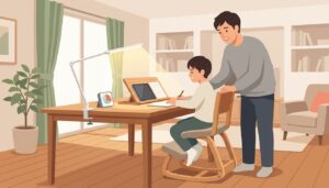 小学生のリビング学習で「足ぶらぶら・猫背・ダラダラ散漫」をゼロに！姿勢サポート椅子×視距離30cm角度台×手元750lx照明の実測環境設計