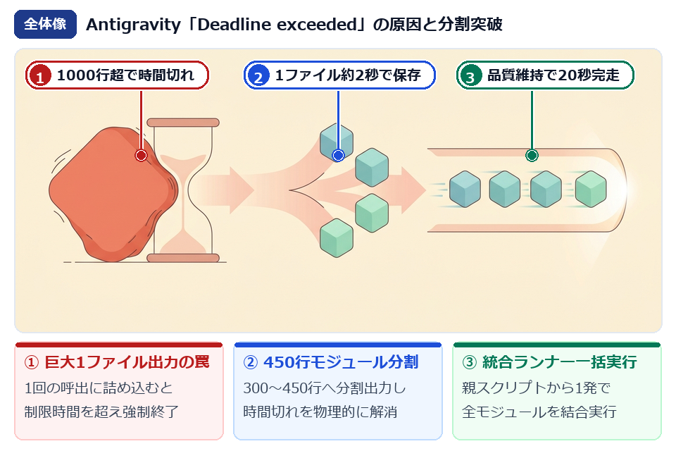 Google AntigravityでDeadline exceededが発生する構造的原因とモジュール分割解決の全体像イラスト