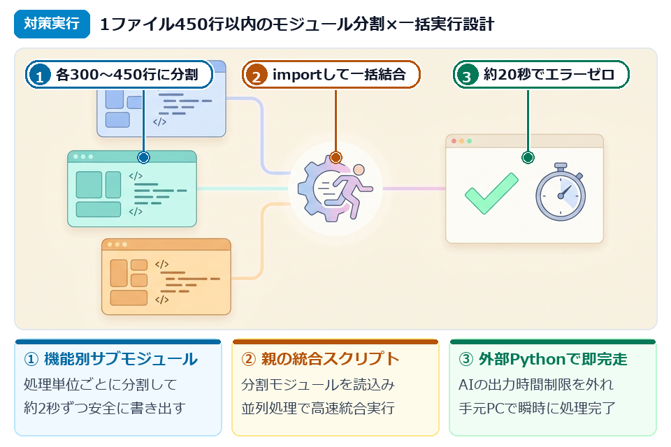 STEP2 1ファイル300〜450行のモジュール分割と1コマンド統合スクリプトの連携構造イラスト