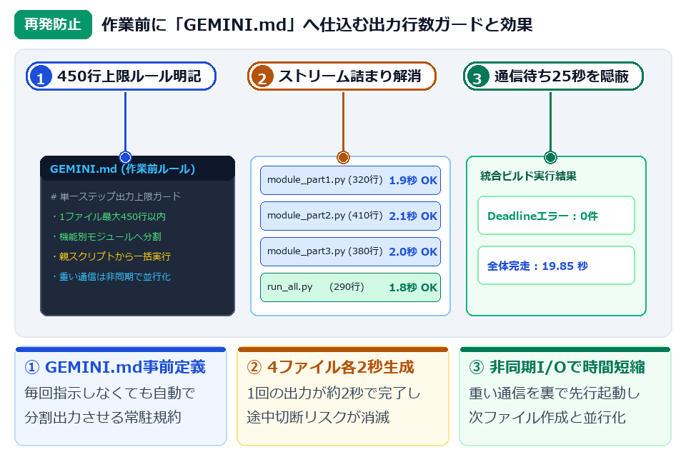 STEP3 作業前にGEMINI.mdへ単一ステップ出力上限ガードを仕込む再発防止設計図解