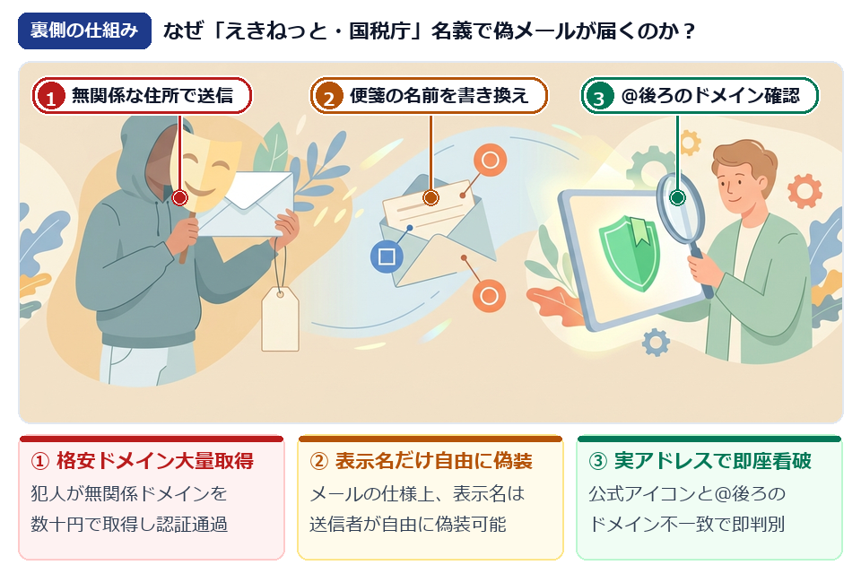 なぜ本物そっくりのフィッシングメールが届くのか？SMTP差出人偽装と格安ドメイン取得の裏側イラスト