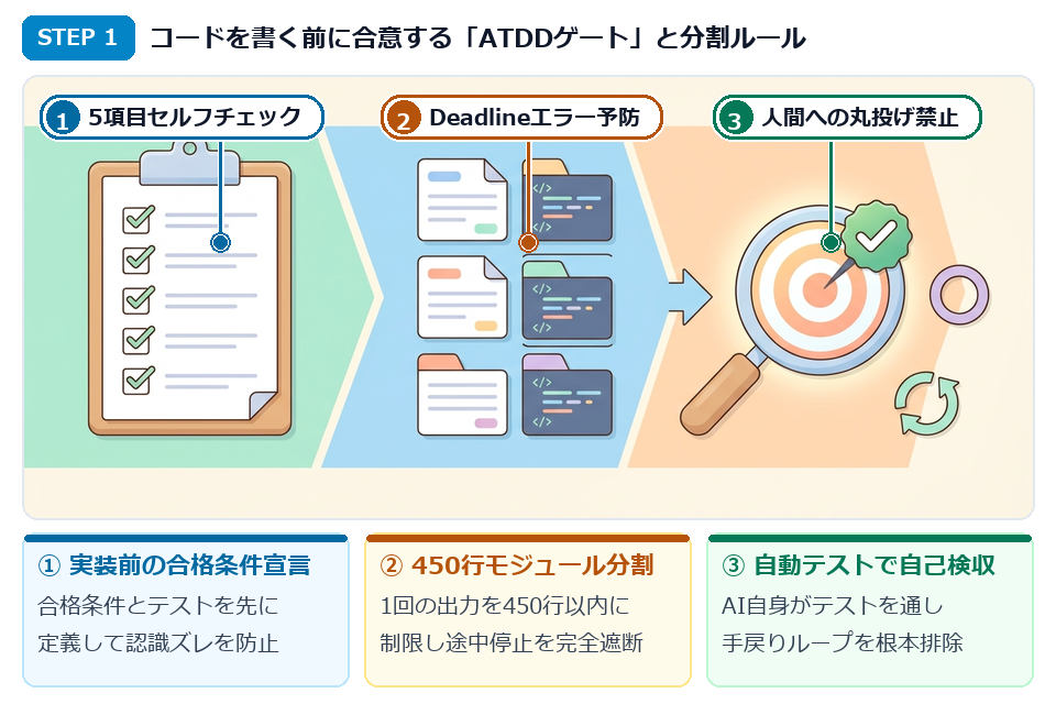 STEP1 手戻りでトークンを溶かさないためのATDD 5段階セルフチェックと450行分割ルール図解