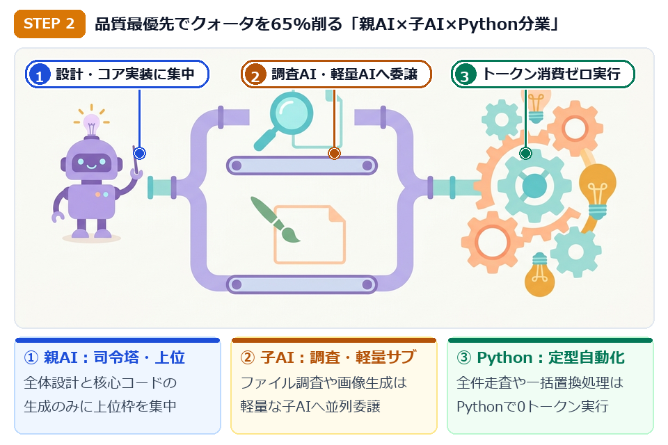 STEP2 親AI（司令塔・上位モデル）・子AI（調査サブ・軽量サブ）・ローカルPythonスクリプトの4階層分業イラスト