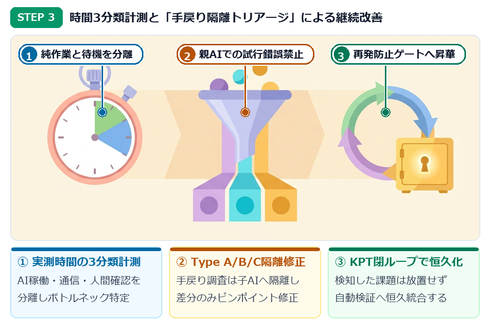 STEP3 実測時間の3分類計測と手戻り発生時のType A/B/C隔離トリアージ・KPT閉ループ化イラスト