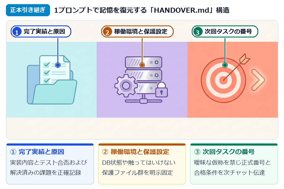 STEP1 正本引き継ぎ書HANDOVER.mdの4章構造と新セッションへの1プロンプト引き継ぎ図解