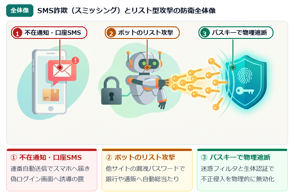 スマホに届くSMS詐欺（スミッシング）とパスワード使い回しを狙うリスト型攻撃の全体像イラスト