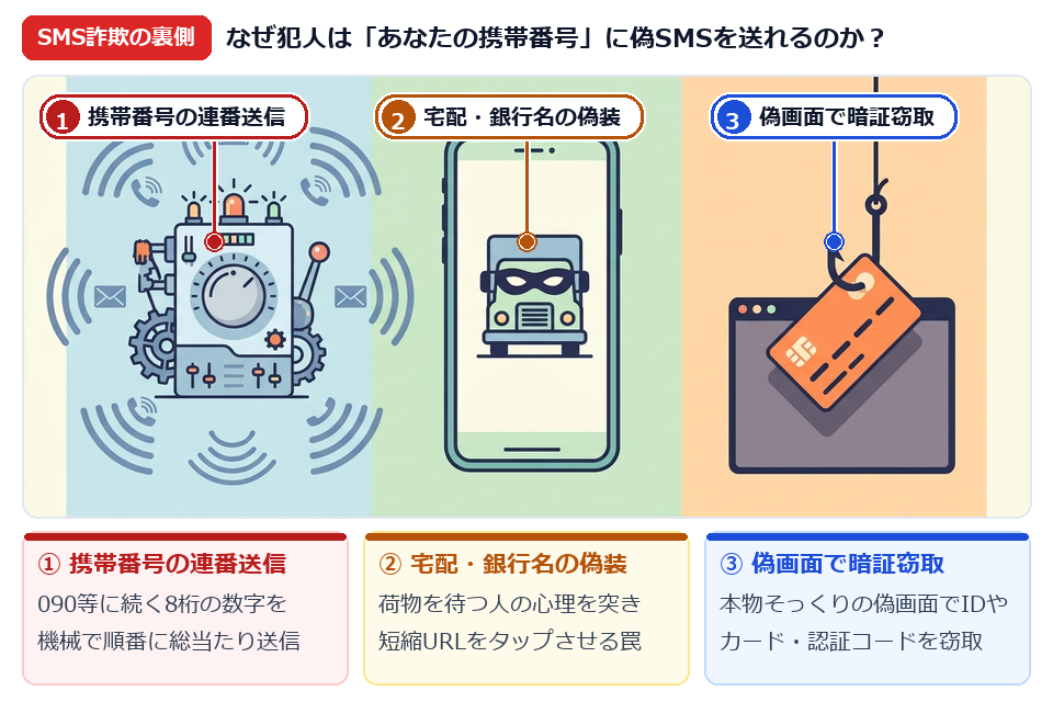 STEP1 なぜ犯人は携帯番号を知っているのか？オートダイヤラー連番送信とSMS送信元偽装の裏側図解