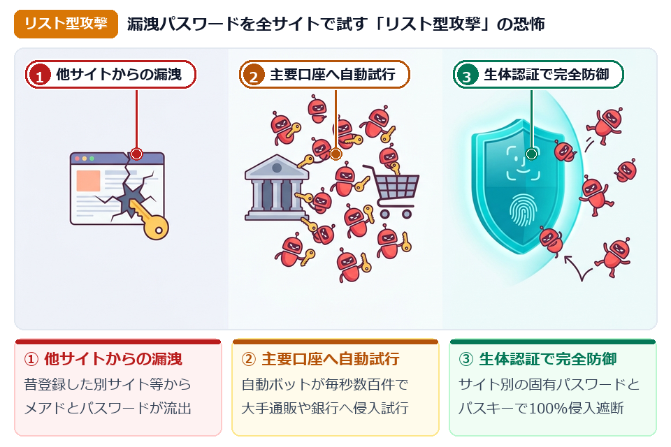 STEP2 パスワード使い回しを狙うリスト型攻撃（クレデンシャルスタッフィング）とパスキー遮断の仕組み図解