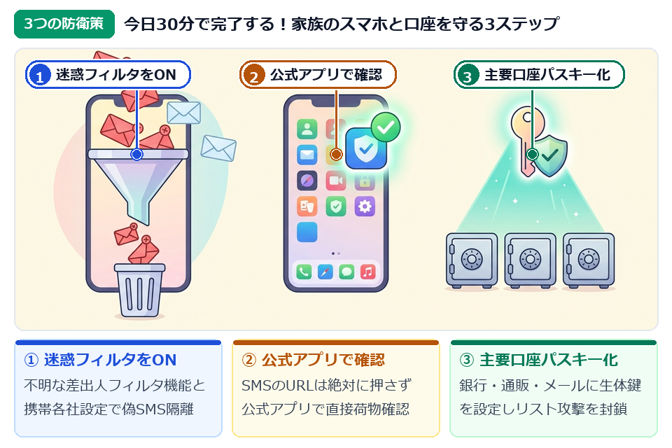 STEP3 スマホの迷惑SMSフィルタ有効化・公式アプリ確認・主要3口座パスキー設定の実践手順図解