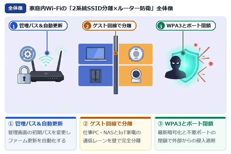 家のWi-Fiルーター初期設定リスクを防ぎスマート家電と仕事PC・NASを分離保護する全体像イラスト