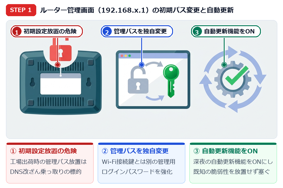 STEP1 ルーター底面の管理画面初期パスワード放置リスクと自動ファームウェア更新設定の図解