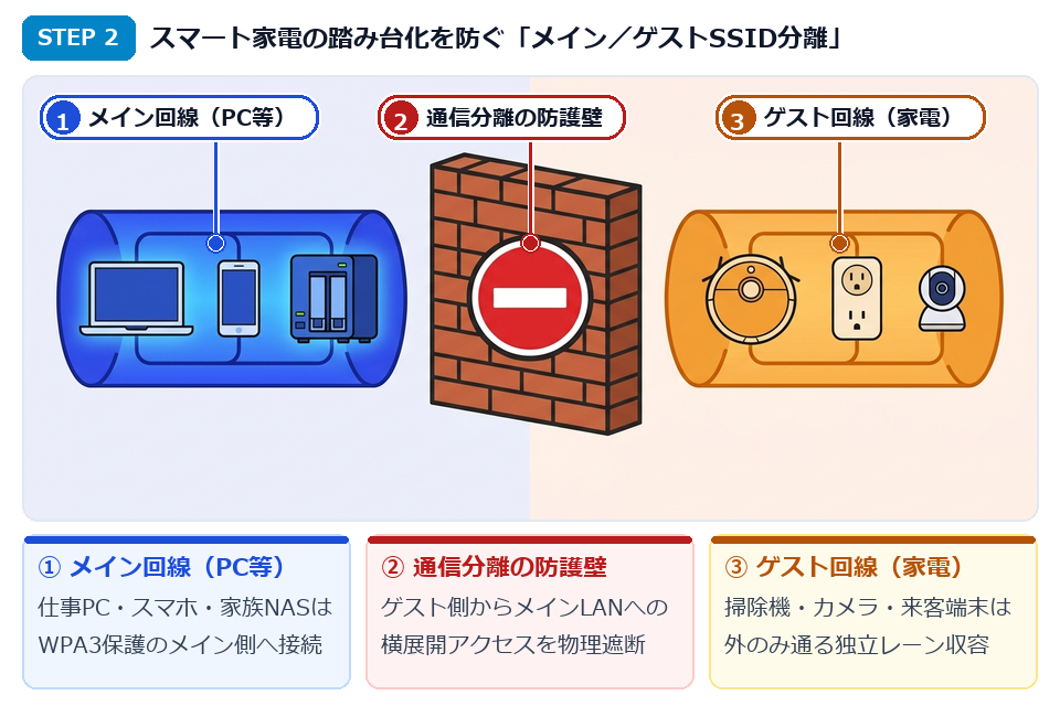 STEP2 メインSSID（PC・スマホ・NAS）とゲストSSID（スマート家電・防犯カメラ）の2系統分離設計図解