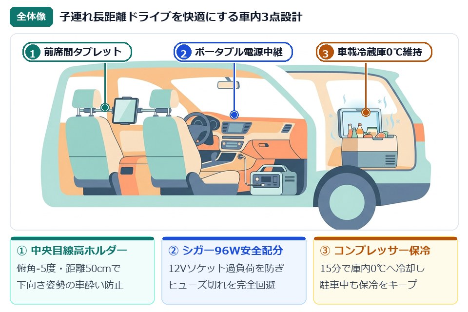 子連れ長距離ドライブの後部座席ぐずり・スマホ熱暴走・冷蔵品傷みを防ぐ車内3点設計の全体像イラスト
