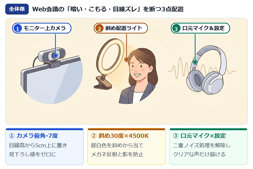 Web会議の顔が暗い・声がこもる・目線がズレるを断つ3点配置の全体像イラスト