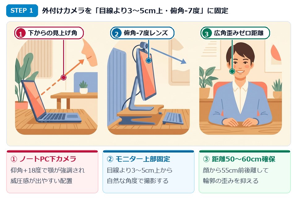STEP1 外付けWebカメラを目線より3〜5cm上・俯角-7度・距離55cmに固定するイラスト